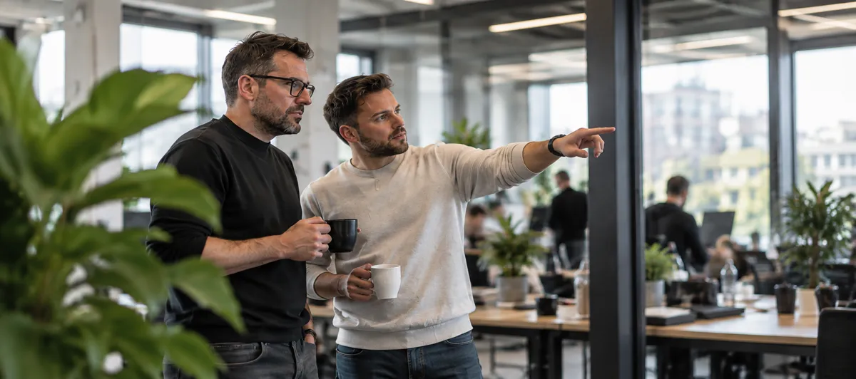 Zwei Kollegen besprechen die nächsten Schritte im Büro